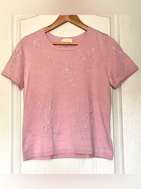 Vintage 90s Sears Tradition Pink Embroidered Knit Short Sleeve Sweater Size M